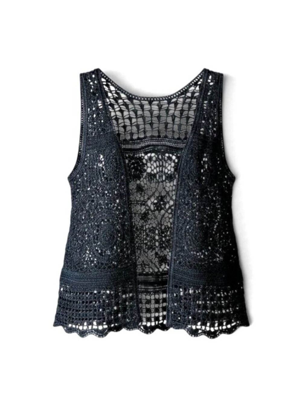 Black Boho Crochet Vest with Open Front Design Intricate Lace Details Retro Vibe